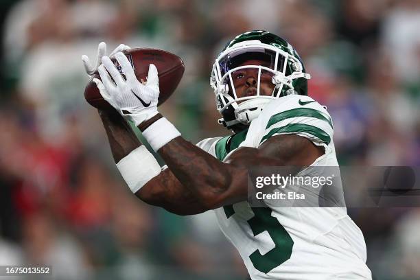 Safety Jordan Whitehead of the New York Jets intercepts a pass from the Buffalo Bills during the second quarter of the NFL game at MetLife Stadium on...