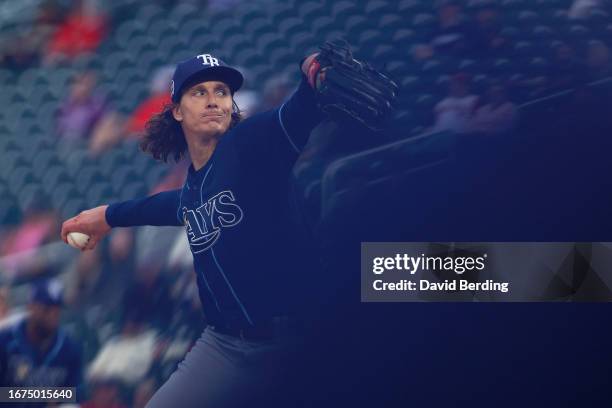 Tyler Glasnow of the Tampa Bay Rays delivers a pitch against the Minnesota Twins in the first inning at Target Field on September 11, 2023 in...