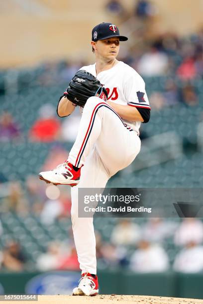 Sonny Gray of the Minnesota Twins delivers a pitch against the Tampa Bay Rays in the first inning at Target Field on September 11, 2023 in...