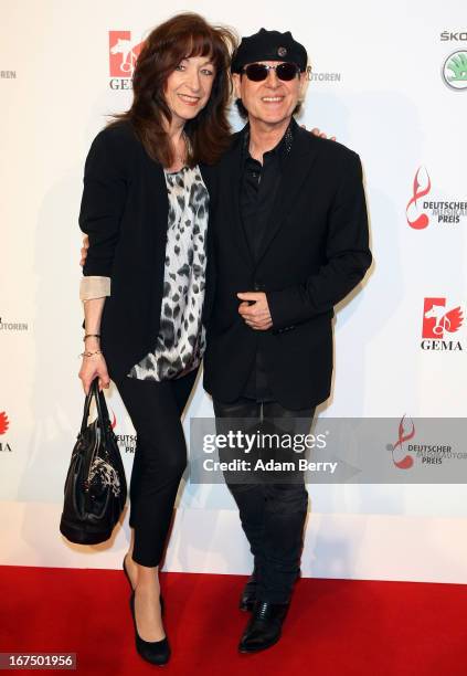 Klaus Meine and wife Gabi arrive for the Deutscher Musikautorenpreis 2013 ceremony at the Ritz Carlton hotel on April 25, 2013 in Berlin, Germany....