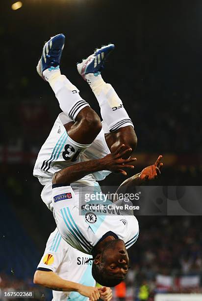 Victor Moses of Chelsea celebrates scoring during the UEFA Europa League Semi Final First Leg match between FC Basel 1893 and Chelsea at St. Jakob...