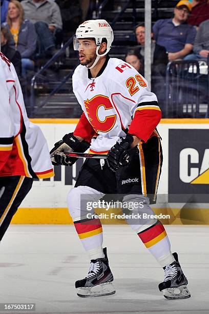 Akim Aliu of the Calgary Flames skates against the Nashville Predators at the Bridgestone Arena on April 23, 2013 in Nashville, Tennessee.