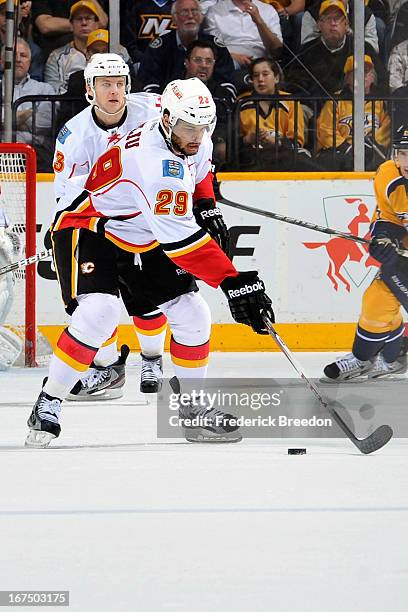 Akim Aliu of the Calgary Flames skates against the Nashville Predators at the Bridgestone Arena on April 23, 2013 in Nashville, Tennessee.