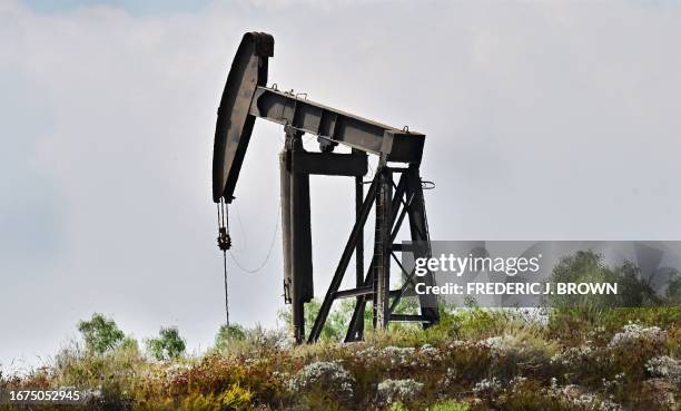 Working pumpjacks are seen at the Montebello Oil Field in Montebello, California, on September 18, 2023. Oil prices hit a 10-month high on September...