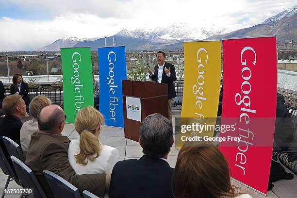 Google representative Kevin Lo speaks at the Provo Convention Center to announce that the city has been chosen as the third city in the country to...