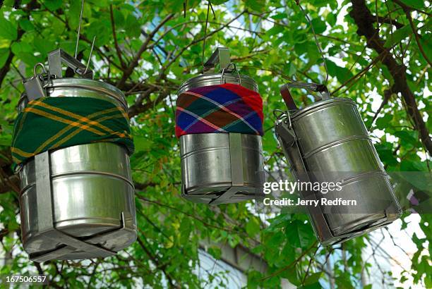 Lunch pails belonging to rickshaw drivers hang in a tree where the drivers await fares in downtown Mandalay, Myanmar..