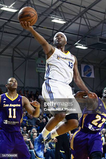 Stefhon Hannah of the Santa Cruz Warriors drives to the basket against the Los Angeles D-Fenders on March 29, 2013 at Kaiser Permanente Arena in...