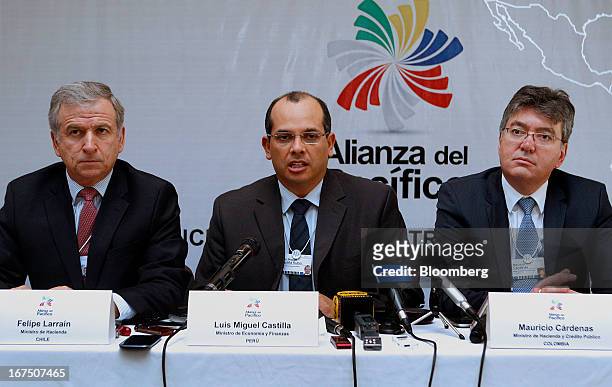 Felipe Larrain, Chile's finance minister, from left, Luis Miguel Castilla, Peru's finance minister, and Mauricio Cardenas, Colombia's finance...