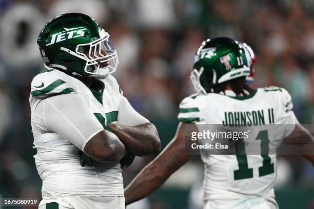 Defensive tackle Quinnen Williams of the New York Jets reacts to a stop against the Buffalo Bills during the second quarter of the NFL game at...