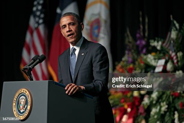 President Barack Obama speaks at the West memorial service held at Baylor University April 25, 2013 in Waco, Texas. The memorial service honored the...