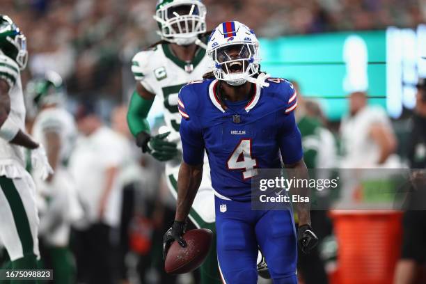 Running back James Cook of the Buffalo Bills celebrates after a rush against the New York Jets during the second quarter of the NFL game at MetLife...