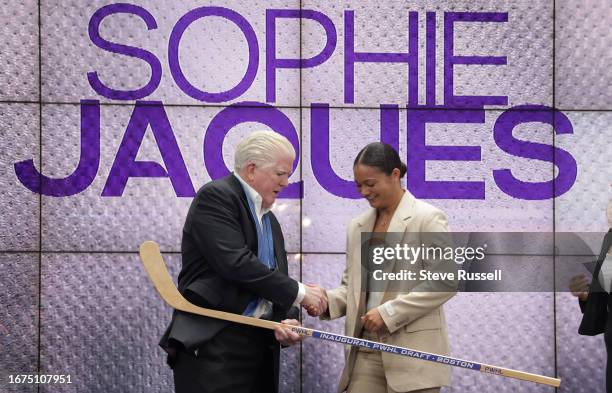 Brian Burke greets Boston's second round pick Sophie Jaques at the inaugural Professional Women's Hockey League Draft at CBC's headquarters in...