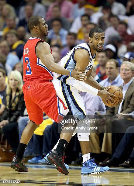 Chris Paul of the Los Angeles Clippers defends Mike Conley of the Memphis Grizzlies during Game Three of the Western Conference Quarterfinals of the...