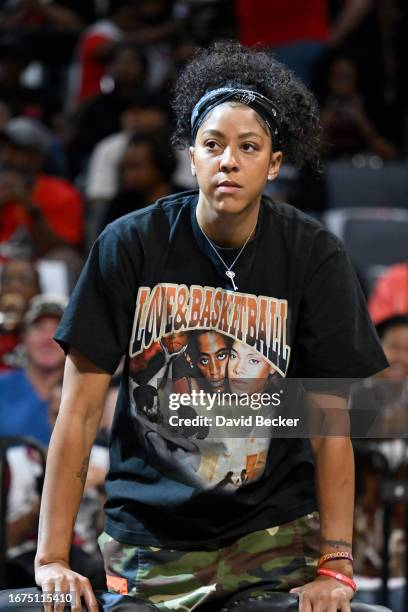 Candace Parker of the Las Vegas Aces looks on during the game against the Chicago Sky during round one game two of the 2023 WNBA Playoffs on...