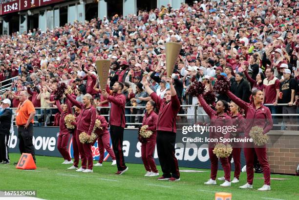 Cheerleaders lead the crowd in cheers during a game between the Boston College Eagles and the Florida State Seminoles on September 16 at Alumni...