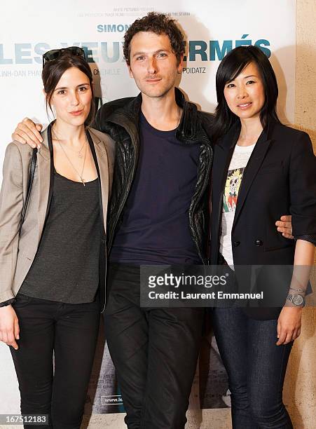 Actors Clementine Poidatz, Simon Buret and Linh-dan Pham attend 'Les Yeux Fermes' Paris premiere at Cinema Le Saint Andre Des Arts on April 25, 2013...