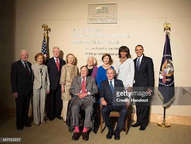 In this handout provided by the George W. Bush Presidential Center, former U.S. Presidents Jimmy Carter, Bill Clinton, George H.W. Bush, George W....