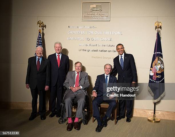 In this handout provided by the George W. Bush Presidential Center, former U.S. Presidents Jimmy Carter, Bill Clinton, George H.W. Bush, George W....