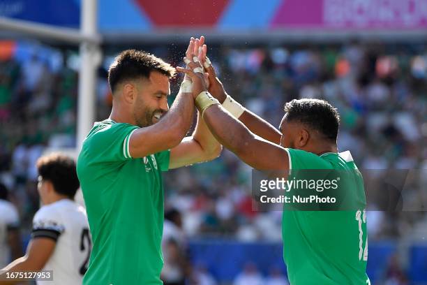 Bordeaux, France - 9 September 2023; Bundee Aki and Conor Murray of Ireland in action during the 2023 Rugby World Cup Pool B match between Ireland...
