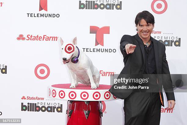 Arthur Hanlon celebrates with Bullseye, Target's Beloved Bull Terrier Mascot, at the 2013 Billboard Latin Music Awards at BankUnited Center on April...