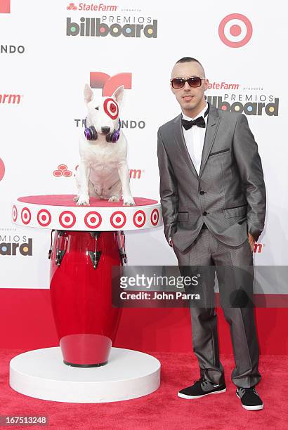 Luzenzo celebrates with Bullseye, Target's Beloved Bull Terrier Mascot, at the 2013 Billboard Latin Music Awards at BankUnited Center on April 25,...