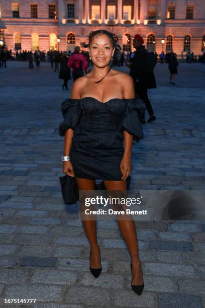 Antonia Thomas attends a private view of "The Morgan Stanley Exhibition - "The Missing Thread: Untold Stories of Black British Fashion" at Somerset...