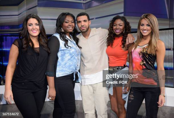 Contestants Kree Harrison and Candice Glover, Drake and contestants Amber Holcomb and Angie Miller onstage at FOX's "American Idol" Season 12 Top 4...