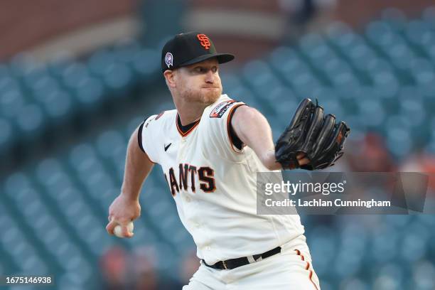 Alex Cobb of the San Francisco Giants pitches in the top of the first inning against the Cleveland Guardians at Oracle Park on September 11, 2023 in...