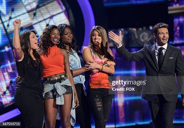 Contestants Kree Harrison, Amber Holcomb, Candice Glover, Angie Miller and host Ryan Seacrest onstage at FOX's "American Idol" Season 12 Top 4 to 3...