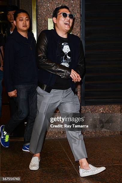 Rapper Psy leaves the Universal Republic office building on April 25, 2013 in New York City.