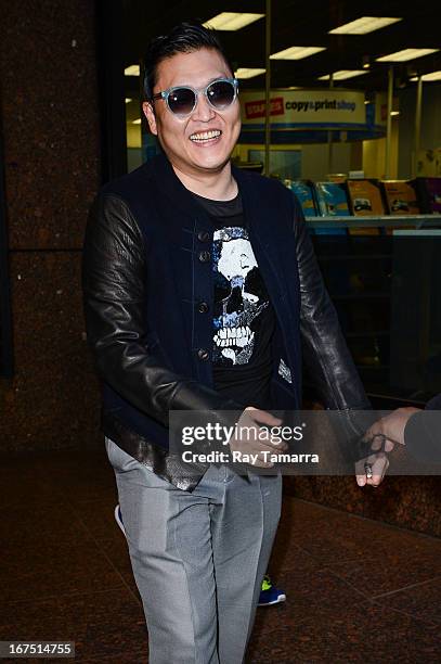Rapper Psy leaves the Universal Republic office building on April 25, 2013 in New York City.