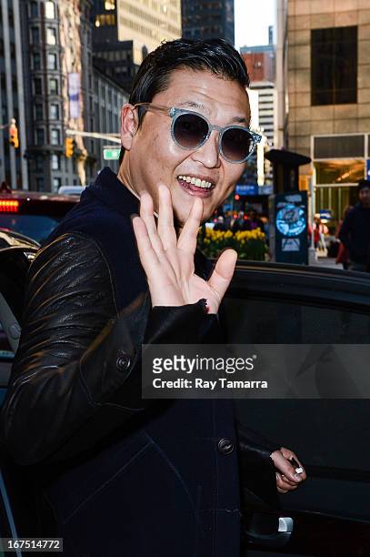 Rapper Psy leaves the Universal Republic office building on April 25, 2013 in New York City.