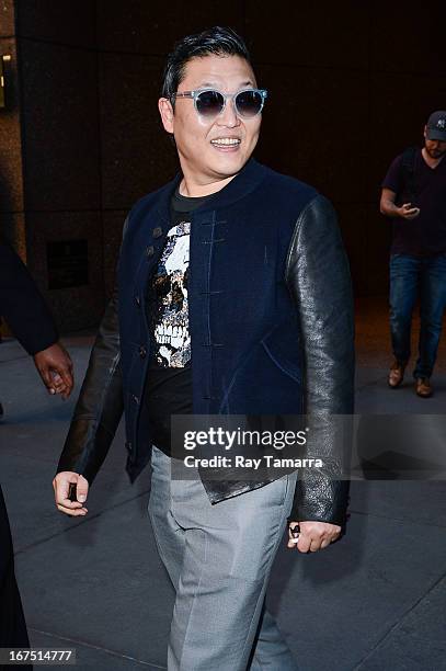 Rapper Psy leaves the Universal Republic office building on April 25, 2013 in New York City.