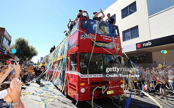 Mariners players wave to the crowd during the Central Coast Mariners A-League grand Final celebrations on April 26, 2013 in Gosford, Australia.