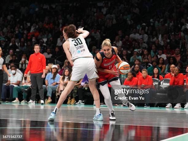 Elena Delle Donne of the Washington Mystics dribbles the ball during the game against the New York Liberty during the 2023 WNBA Playoffs on September...