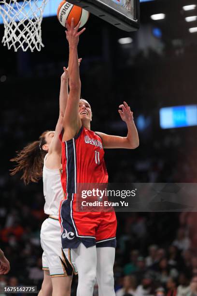 Elena Delle Donne of the Washington Mystics drives to the basket during the game against the New York Liberty during the 2023 WNBA Playoffs on...