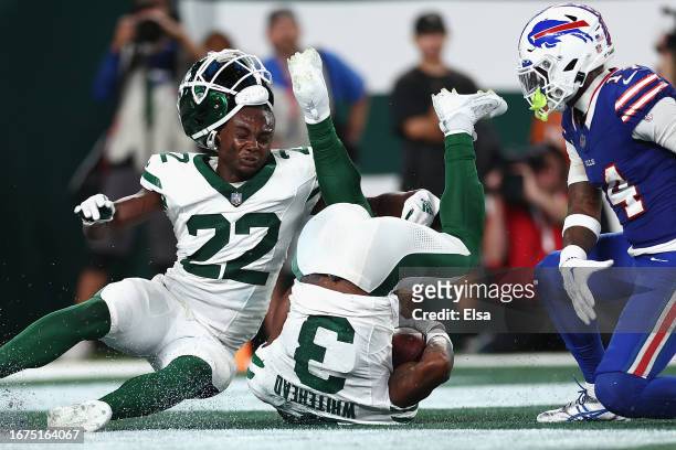 Safety Jordan Whitehead of the New York Jets intercepts a pass during the third quarter of the NFL game against the Buffalo Bills at MetLife Stadium...