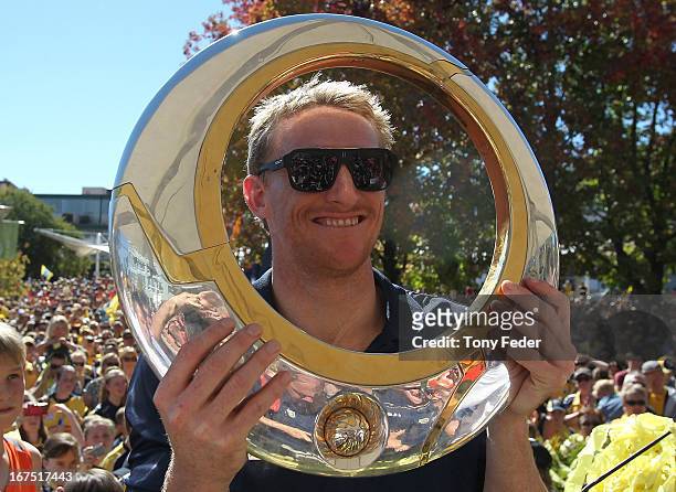 Daniel McBreen of the Mariners holds the A-League trophy during the Central Coast Mariners A-League grand Final celebrations on April 26, 2013 in...