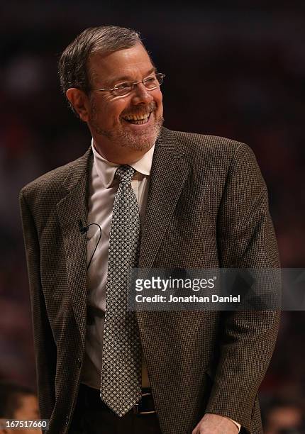 Head coach P.J. Carlesimo of the Brooklyn Nets smiles as the Nets take on the Chicago Bulls in Game Three of the Eastern Conference Quarterfinals...
