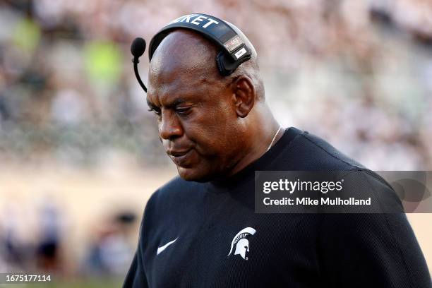 Head coach Mel Tucker of the Michigan State Spartans looks on in the fourth quarter of a game agains the Richmond Spiders at Spartan Stadium on...