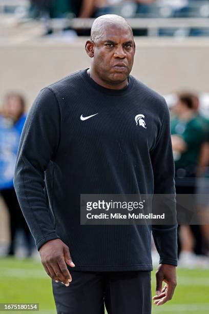 Head coach Mel Tucker of the Michigan State Spartans looks on prior to a game against the Richmond Spiders at Spartan Stadium on September 09, 2023...