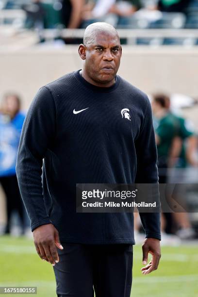 Head coach Mel Tucker of the Michigan State Spartans looks on prior to a game against the Richmond Spiders at Spartan Stadium on September 09, 2023...