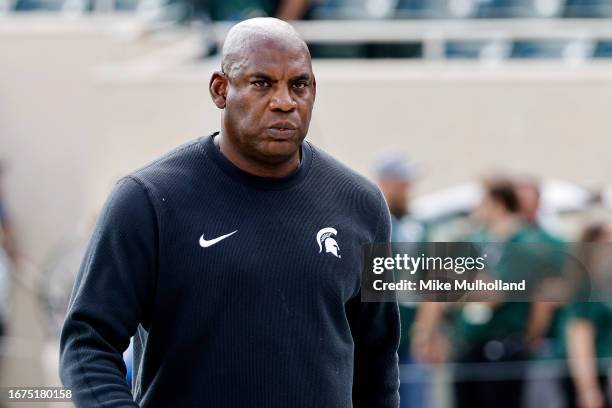 Head coach Mel Tucker of the Michigan State Spartans looks on prior to a game against the Richmond Spiders at Spartan Stadium on September 09, 2023...