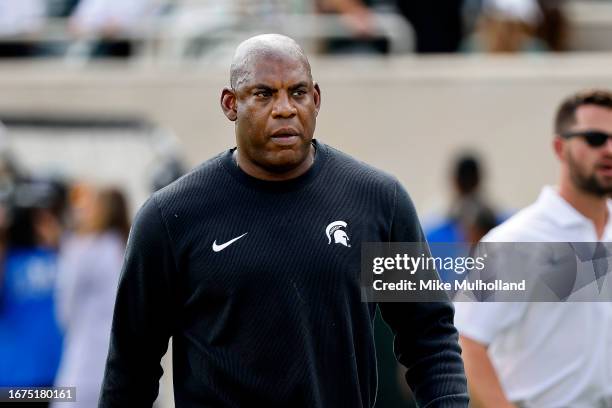 Head coach Mel Tucker of the Michigan State Spartans looks on prior to a game against the Richmond Spiders at Spartan Stadium on September 09, 2023...