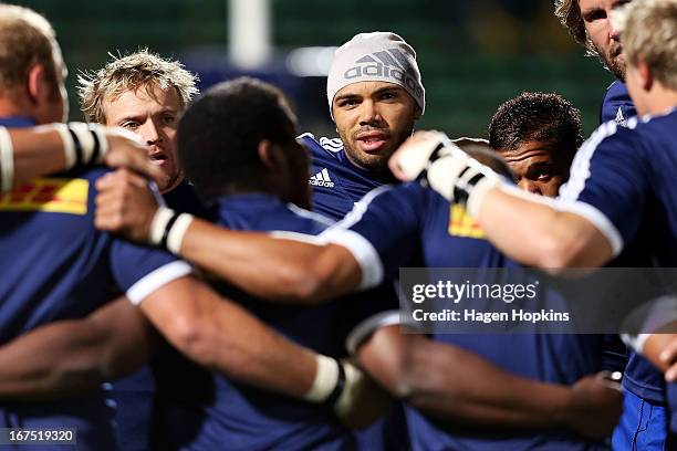 Bryan Habana of the Stormers looks on from a team huddle during the round 11 Super Rugby match between the Hurricanes and the Stormers at FMG Stadium...