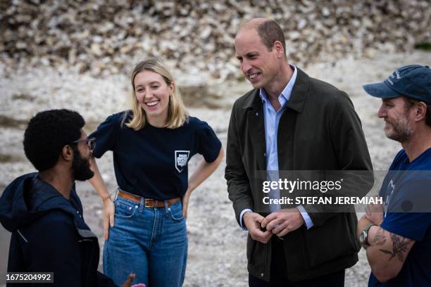 Britain's Prince William, Prince of Wales, arrives to speak with students from the Urban Assembly New York Harbor School regarding the nonprofit...