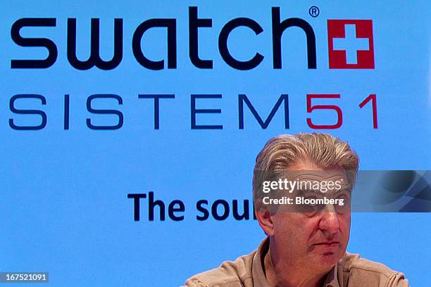 Nick Hayek, chief executive officer of Swatch Group AG, speaks during a news conference to launch the Sistem51 automatic watch movement at the...