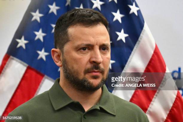 Ukrainian President Volodymyr Zelensky speaks while visiting with wounded Ukrainian soldiers at the Staten Island University Hospital in the Staten...