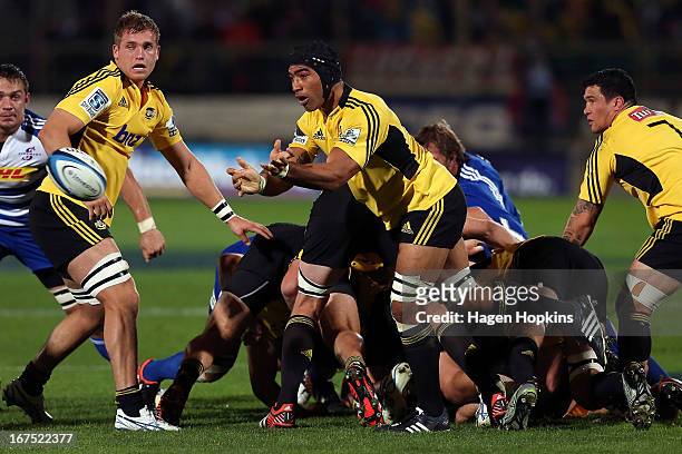 Victor Vito of the Hurricanes passes during the round 11 Super Rugby match between the Hurricanes and the Stormers at FMG Stadium on April 26, 2013...