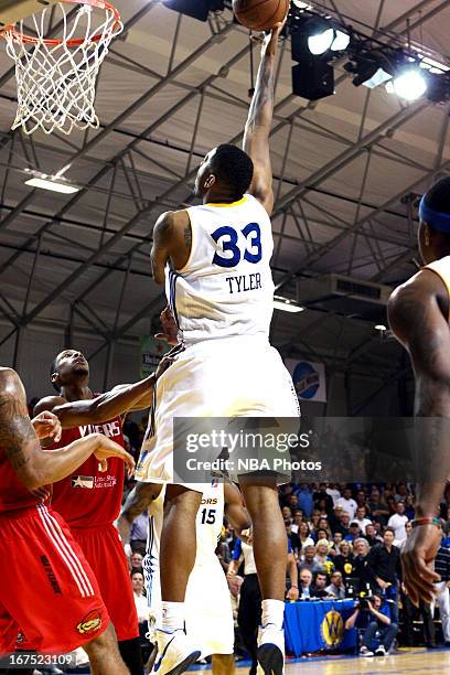 Jeremy Tyler of the Santa Cruz Warriors shoots in the lane against the Rio Grande Valley Vipers during Game One of the D-League Championship on April...